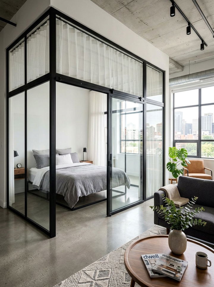 Glass partition bedroom - 30 open plan bedroom ideas