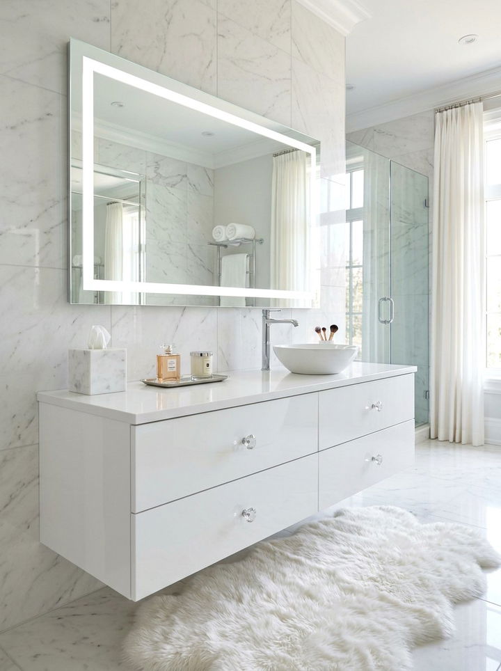 Glossy White Floating Vanity - 30 bedroom floating vanity ideas