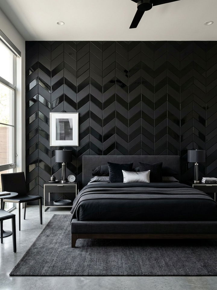 Glossy and Matte Black Chevron Wall - 30 bedroom chevron wall ideas