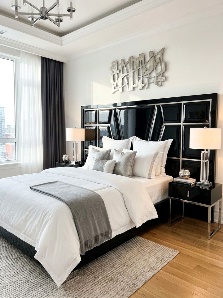 Glossy black headboard - 30 black bedroom furniture ideas