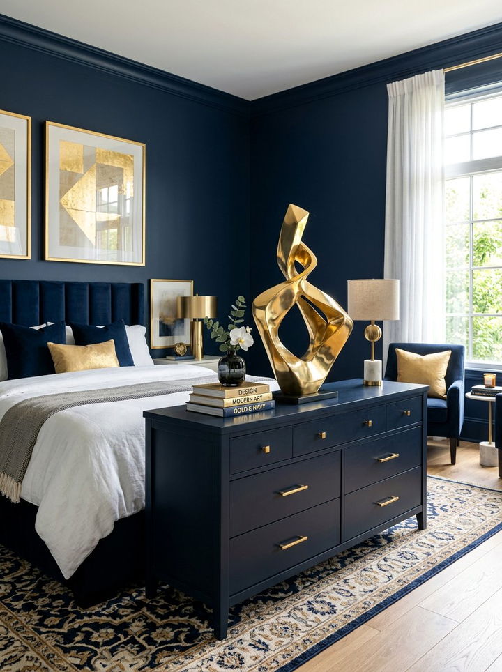 Gold Abstract Sculpture - 30 navy gold bedroom ideas