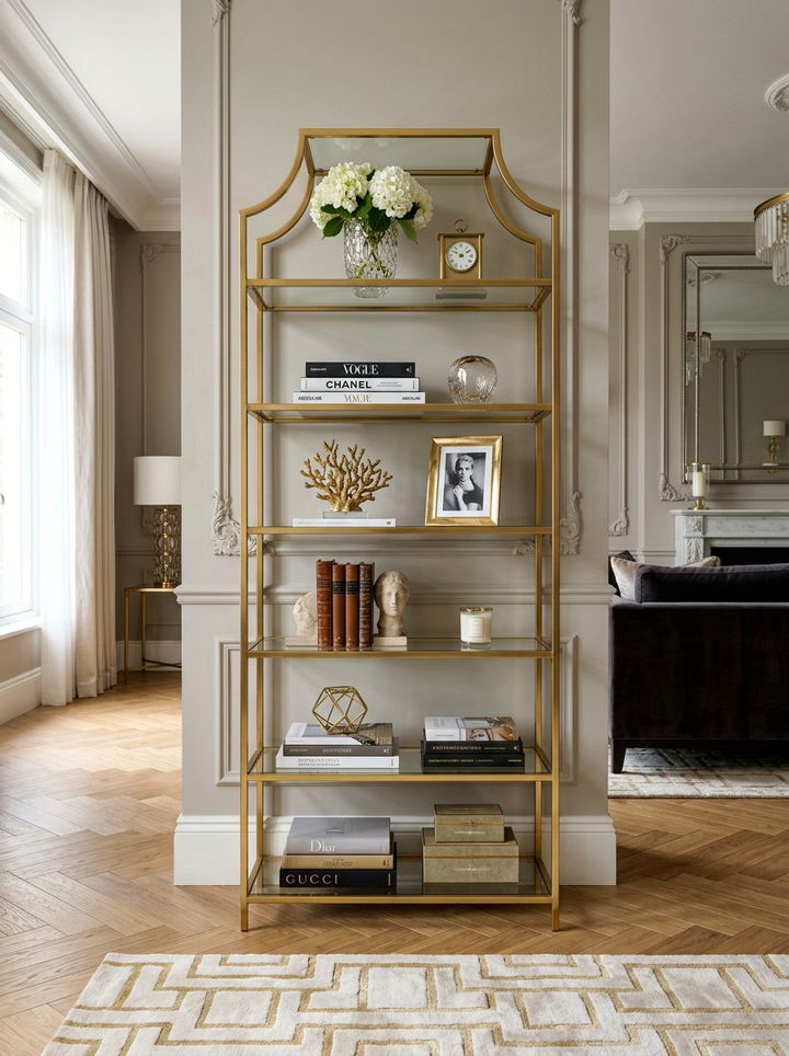 Gold Accent Etagere - 30 bedroom furniture ideas