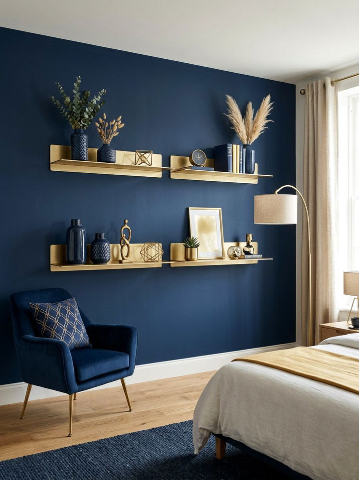 Gold Floating Shelves - 30 navy gold bedroom ideas