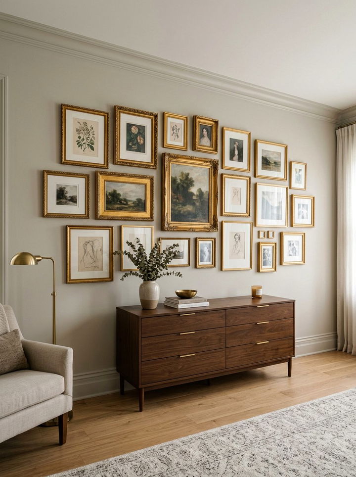 Gold Frame Gallery Wall - 30 gold bedroom decor ideas