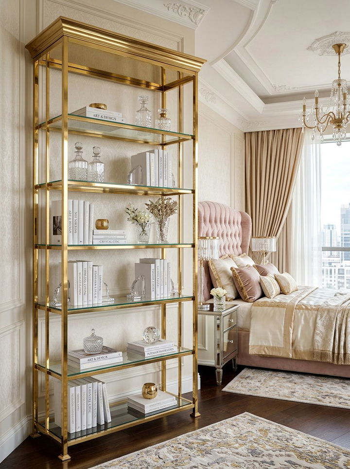 Gold Frame Luxury Bookshelf - 30 bedroom bookshelf ideas