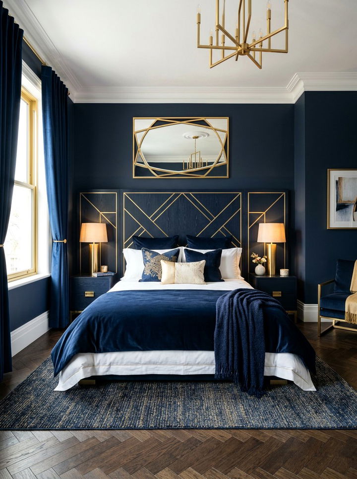 Gold Inlay Bed - 30 navy gold bedroom ideas