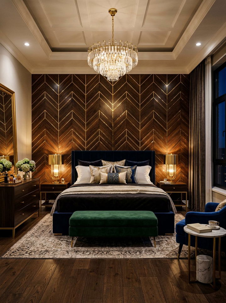 Gold Inlay Herringbone Wall - 30 bedroom herringbone wall ideas