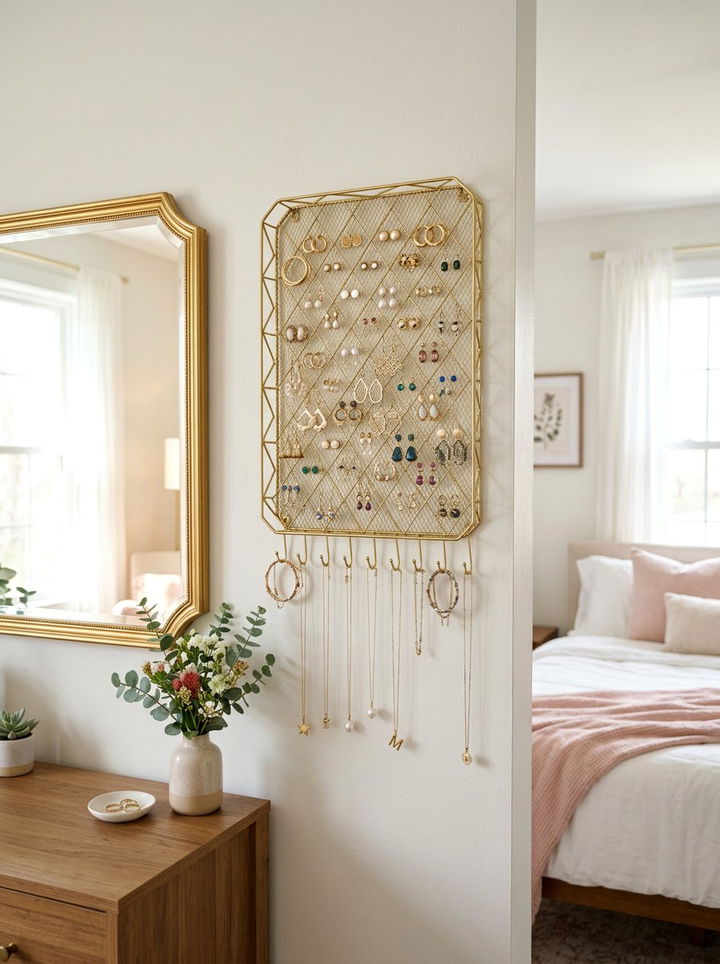 Gold Mesh Jewelry Hanger - 30 bedroom jewelry storage ideas