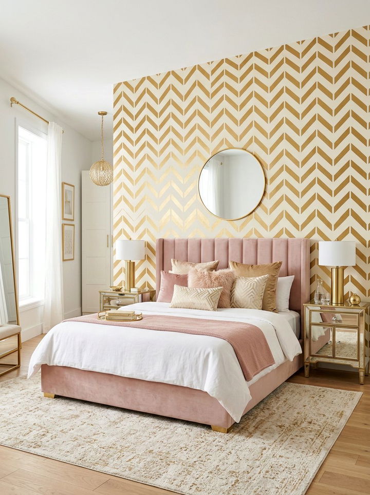 Gold Metallic Chevron Wall Stencil - 30 bedroom chevron wall ideas