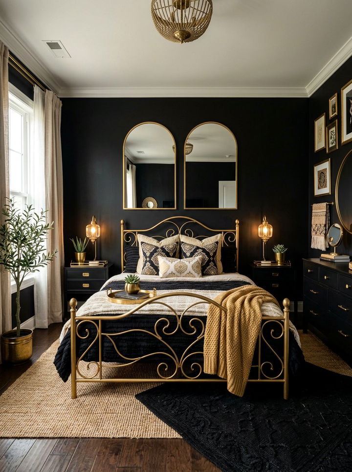 Gold Trim Black Boho Bedroom - 30 bohemian black bedroom ideas