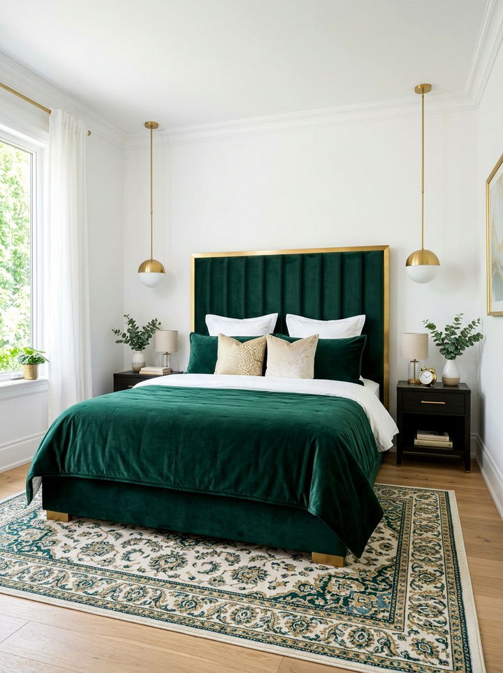 Gold Trim Velvet Headboard - 30 gold bedroom decor ideas