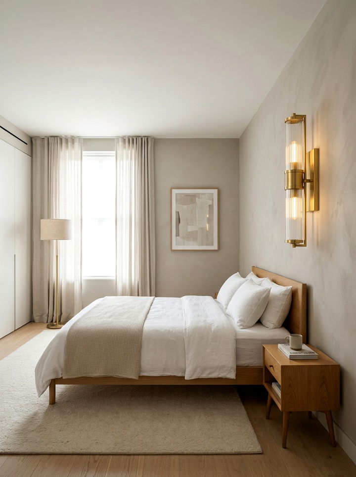 Gold Wall Sconce - 30 soft minimalist bedroom ideas