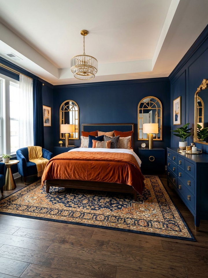 Gold accents in navy and orange bedroom - 30 burnt orange and navy bedroom ideas