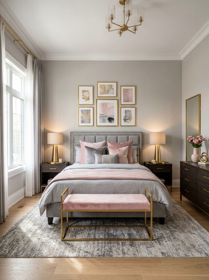 Gold accents pink and gray bedroom - 30 pink and gray bedroom ideas