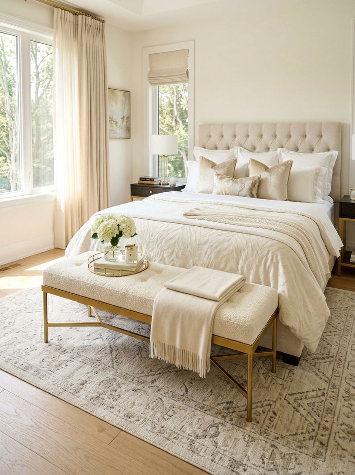 Gold bench foot of bed - 30 gold bedroom ideas