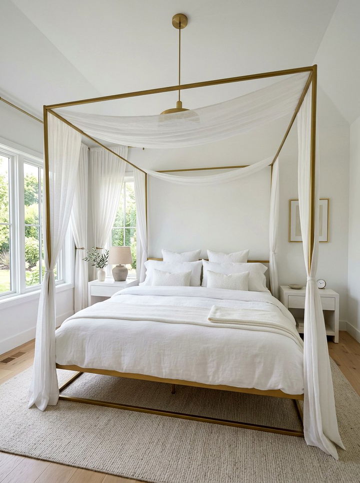 Gold canopy bed in white room - 30 gold and white bedroom ideas