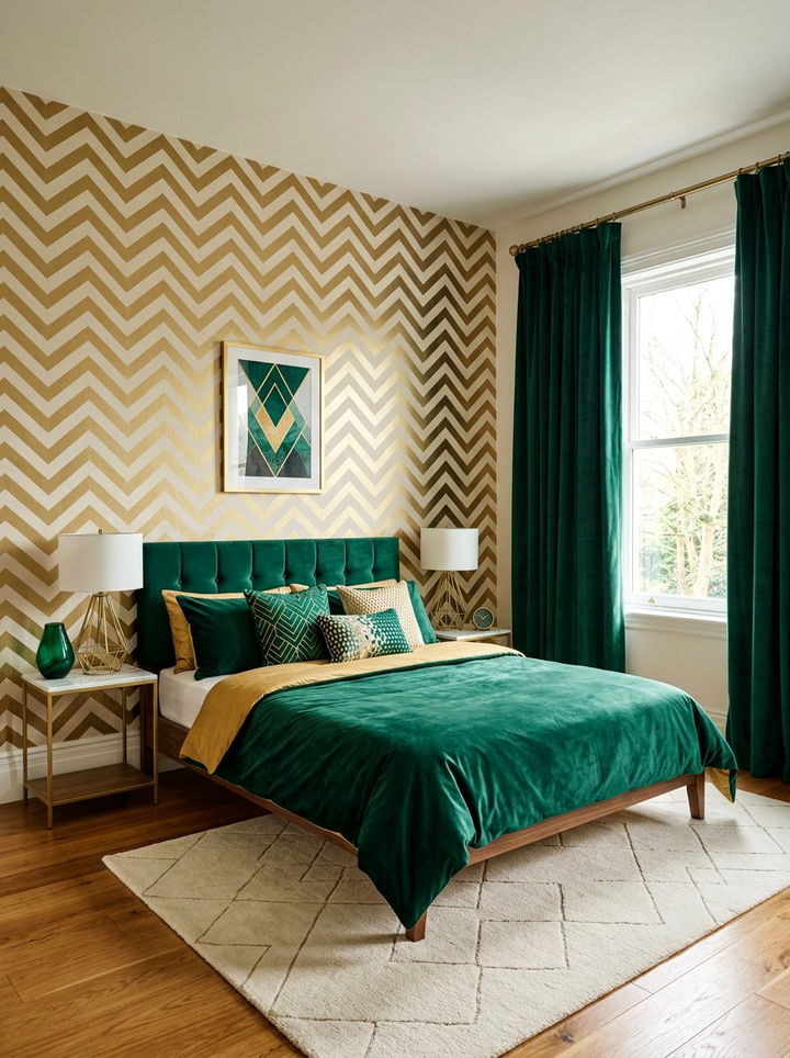 Gold chevron wallpaper - 30 emerald and gold bedroom ideas