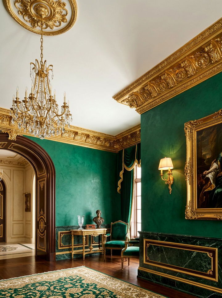 Gold crown molding - 30 emerald and gold bedroom ideas