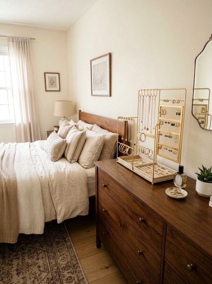 Gold jewelry organizer display - 30 gold bedroom ideas