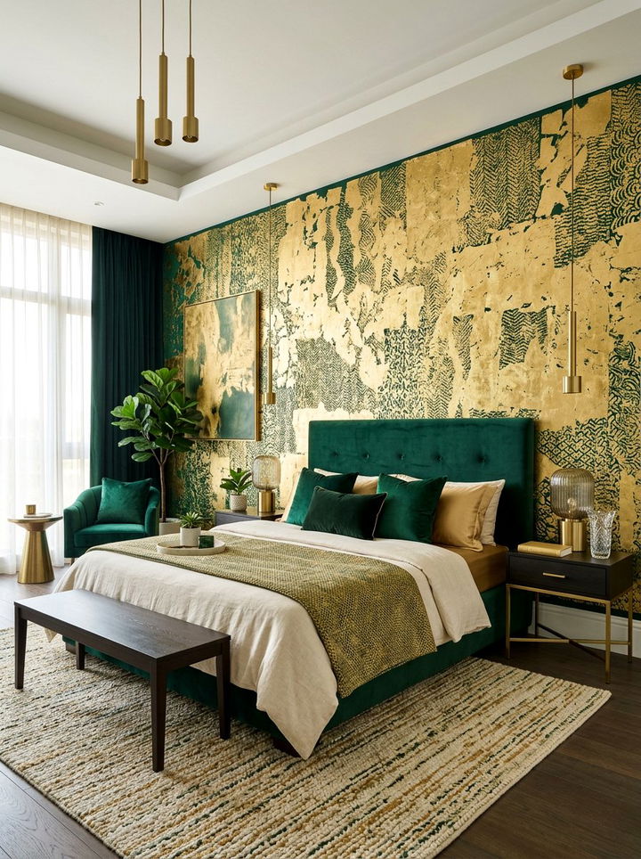 Gold leaf accent wall - 30 emerald and gold bedroom ideas
