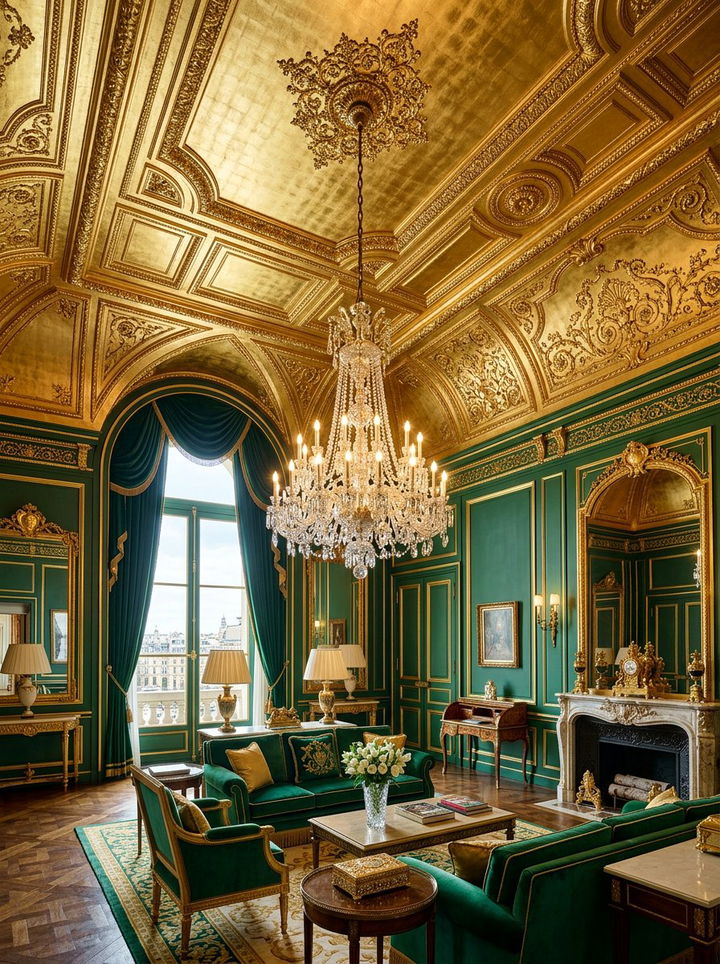 Gold leaf ceiling - 30 emerald and gold bedroom ideas