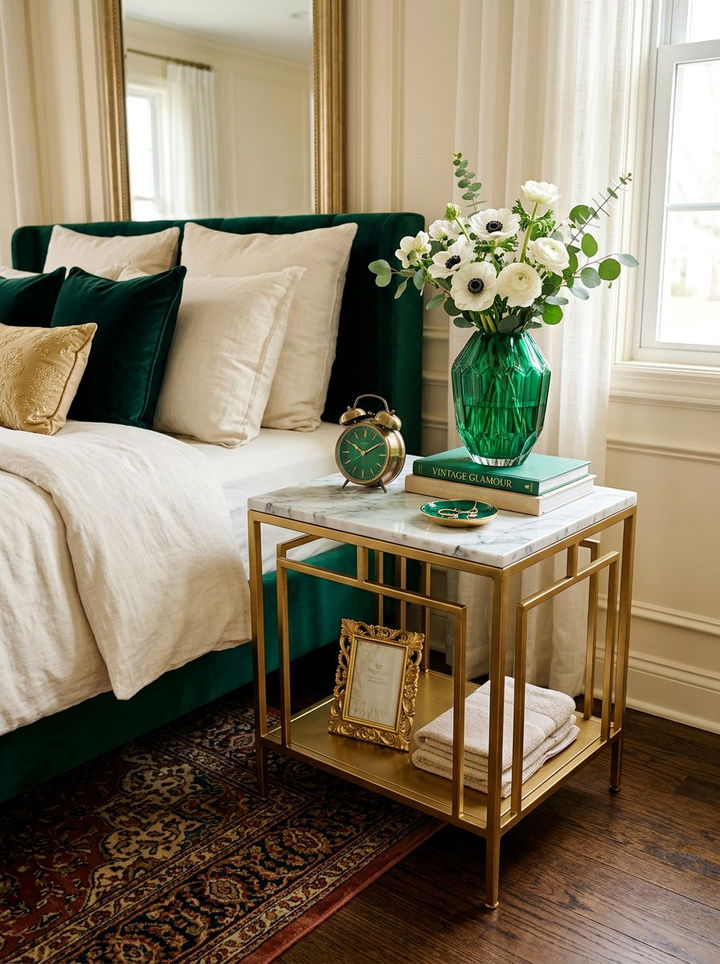 Gold metal nightstand - 30 emerald and gold bedroom ideas