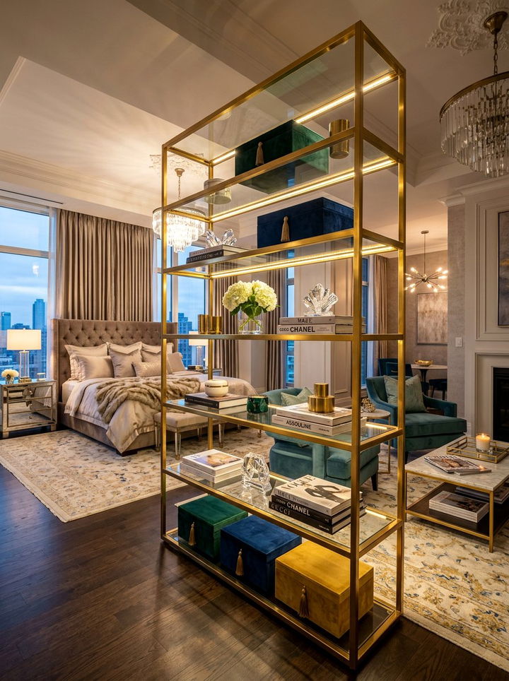 Gold metal shelf unit - 30 bedroom shelf dividers