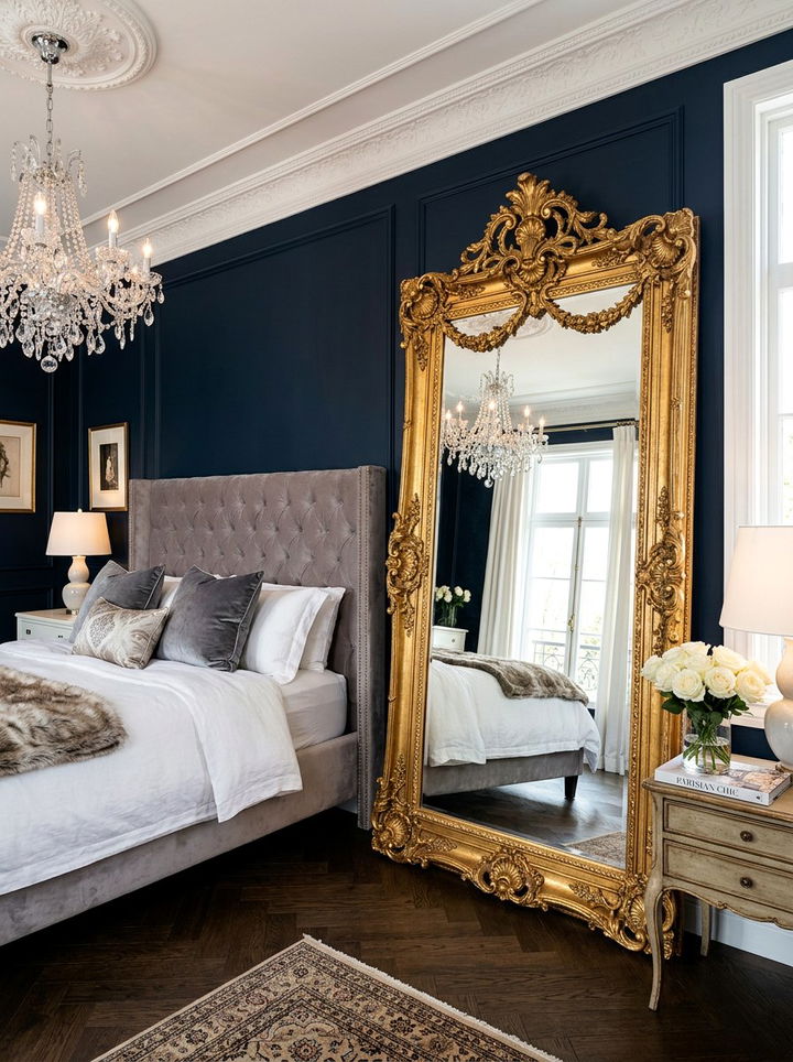 Gold ornate leaning mirror - 30 bedroom leaning mirrors