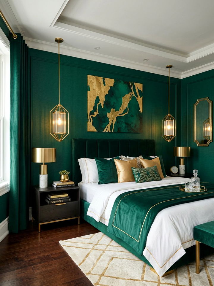 Gold pendant lighting - 30 emerald and gold bedroom ideas