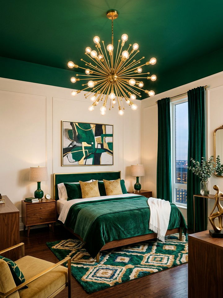 Gold starburst chandelier - 30 emerald and gold bedroom ideas