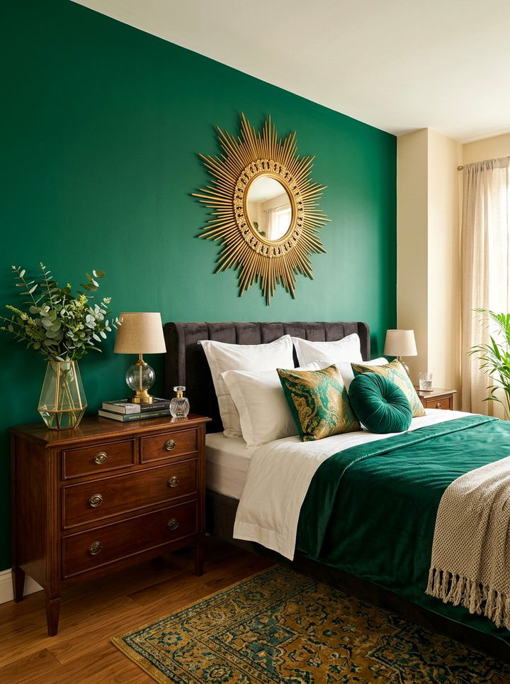 Gold sunburst mirror - 30 emerald and gold bedroom ideas