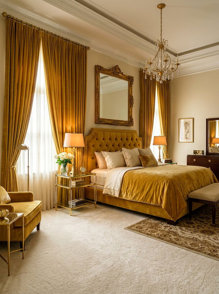 Golden Yellow Velvet Accents - 30 yellow bedroom decor ideas