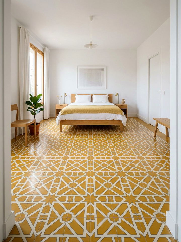 Golden yellow pattern flooring - 30 golden yellow bedroom ideas