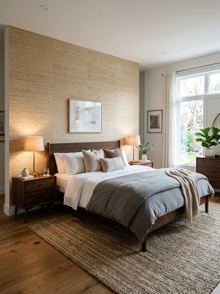 Grasscloth wallpaper accent - 30 cozy texture bedroom ideas