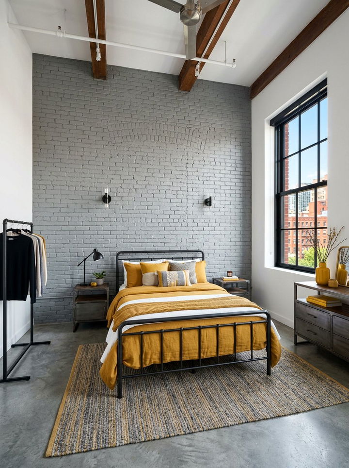 Gray Brick Wall Mustard Accessories - 30 mustard and gray bedroom ideas