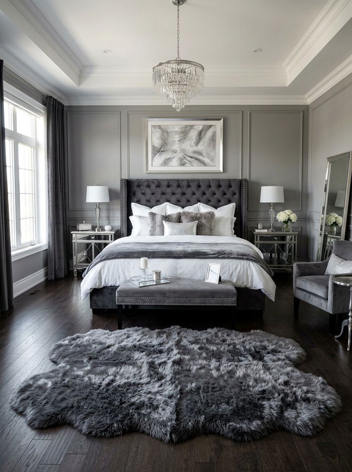 Gray Faux Fur Rug - 30 gray bedroom accessories ideas