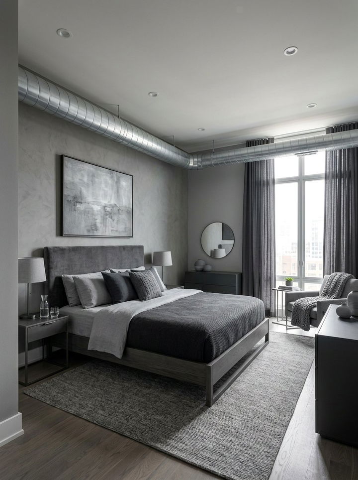 Gray Monochromatic Bedroom - 30 exposed ductwork bedroom ideas