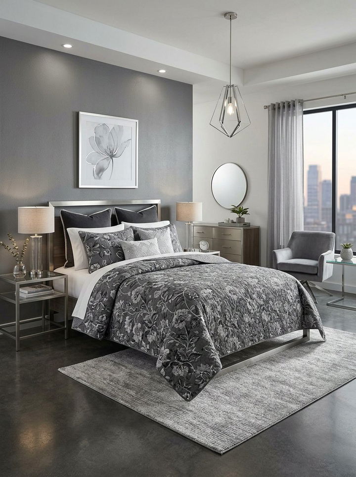 Gray Monochrome Floral Quilt - 30 bedroom floral bedding ideas