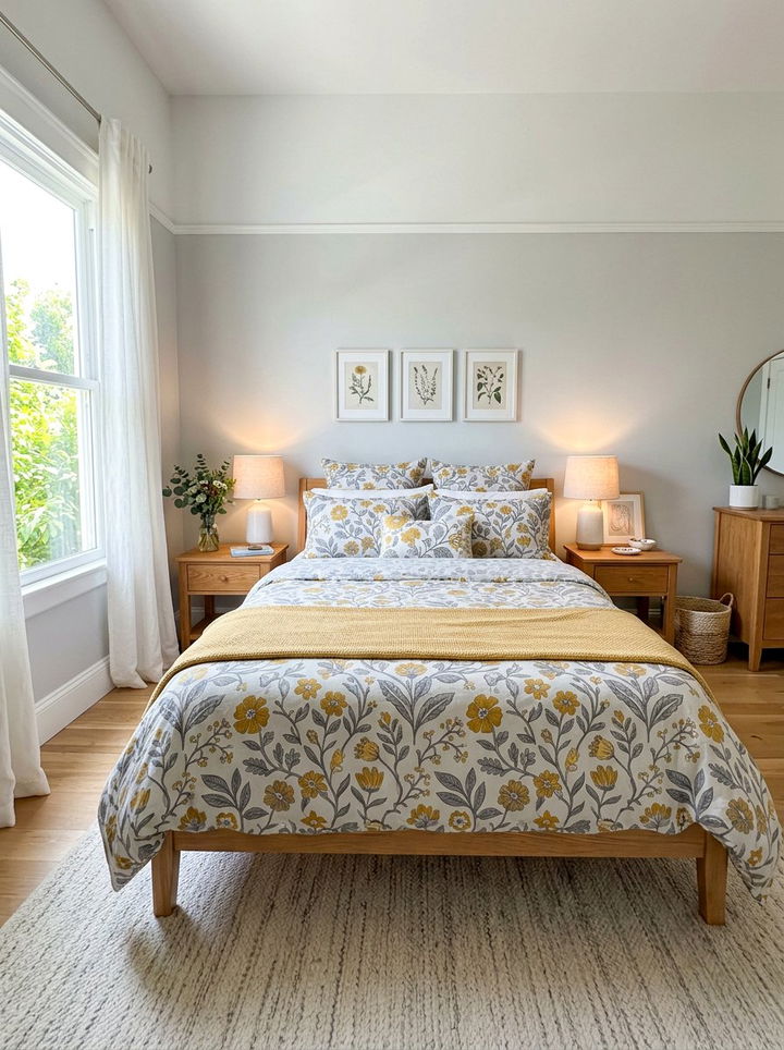 Gray Mustard Floral Bedding - 30 mustard and gray bedroom ideas