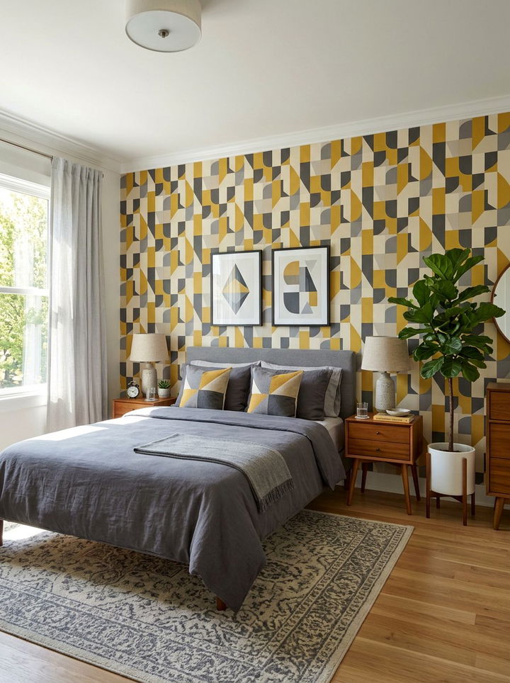 Gray Mustard Geometric Wallpaper - 30 mustard and gray bedroom ideas