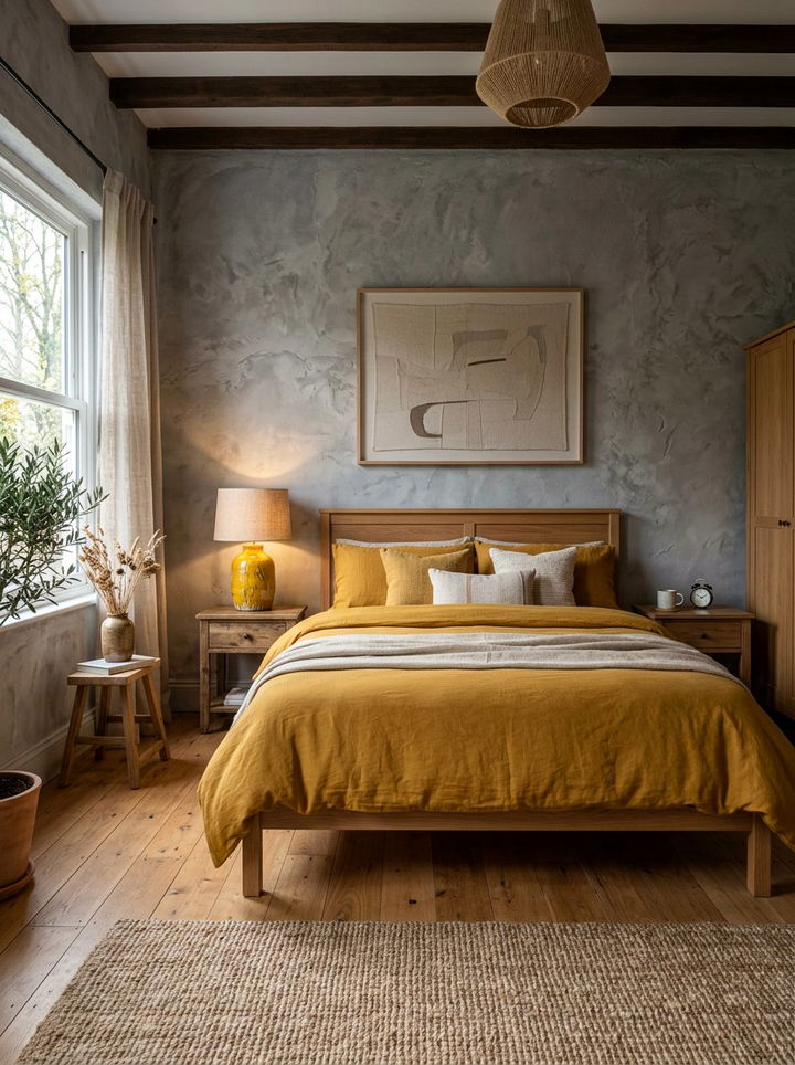 Gray Textured Walls Mustard Accents - 30 mustard and gray bedroom ideas