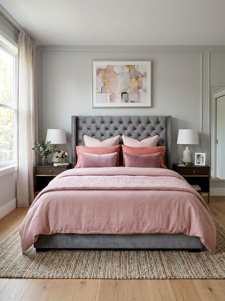 Gray Tufted Headboard with Pink Bedding - 30 pink gray bedroom ideas