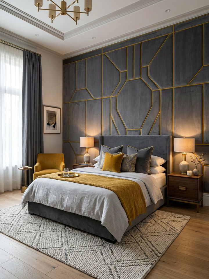 Gray Upholstered Wall Mustard Trim - 30 mustard and gray bedroom ideas