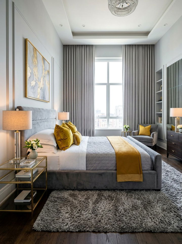 Gray Velvet Bed Yellow Throw Pillows - 30 gray and yellow bedroom ideas