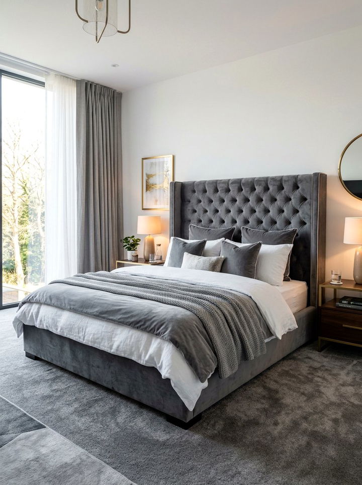 Gray Velvet Bed - 30 gray bedroom design ideas