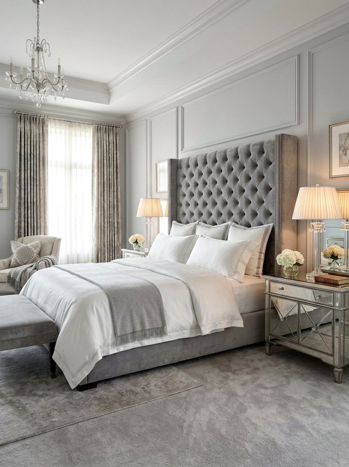 Gray Velvet Headboard - 30 warm gray bedroom ideas