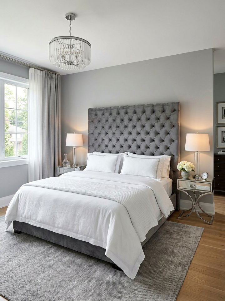 Gray Velvet Headboard - 30 gray bedroom decor ideas