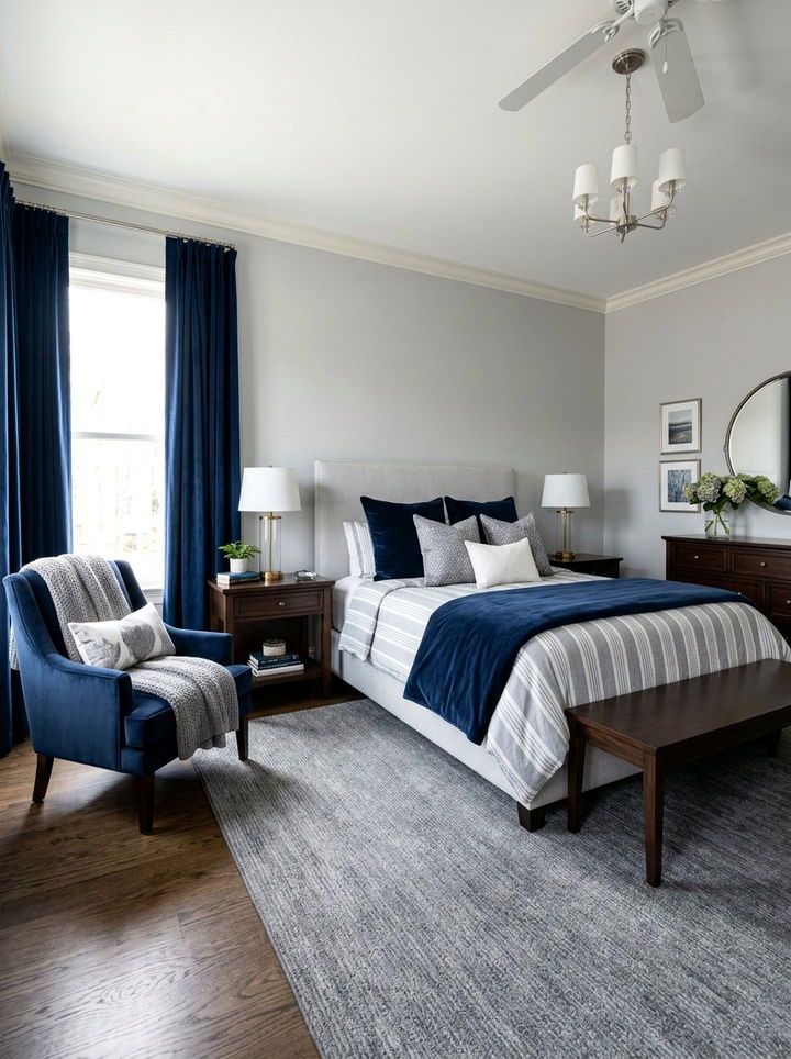 Gray and Navy Blue - 30 gray bedroom decor ideas