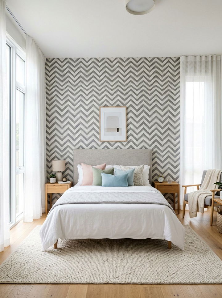 Gray and White Chevron Wallpaper - 30 bedroom chevron wall ideas