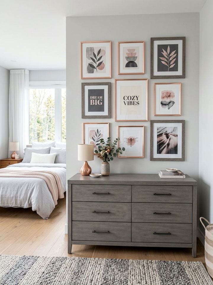 Gray and rose gallery wall - 30 dusty rose and gray bedroom ideas